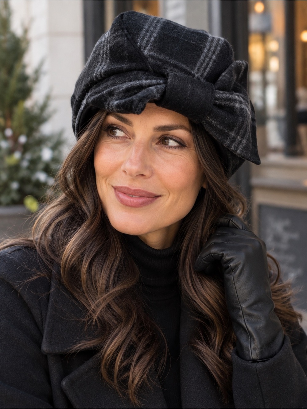 deLux Black & Charcoal Plaid Wool Bow Turban Cloche Hat